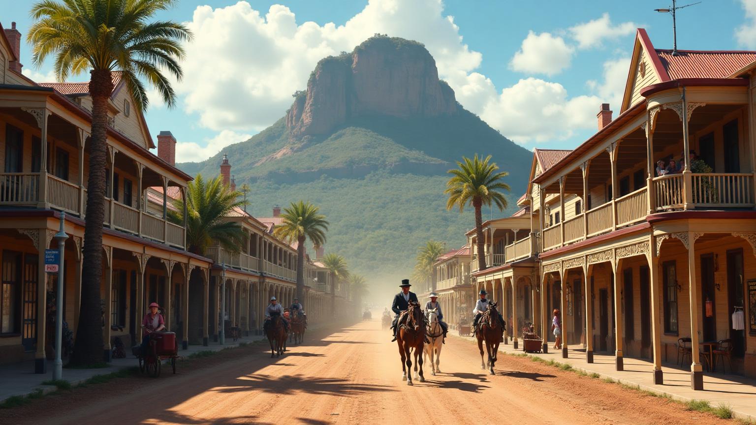Photo-realistic 1880s Flinders Street Townsville showing wooden shopfronts with verandas, horse-drawn carts, Victorian-era people, and Castle Hill rising behind the street