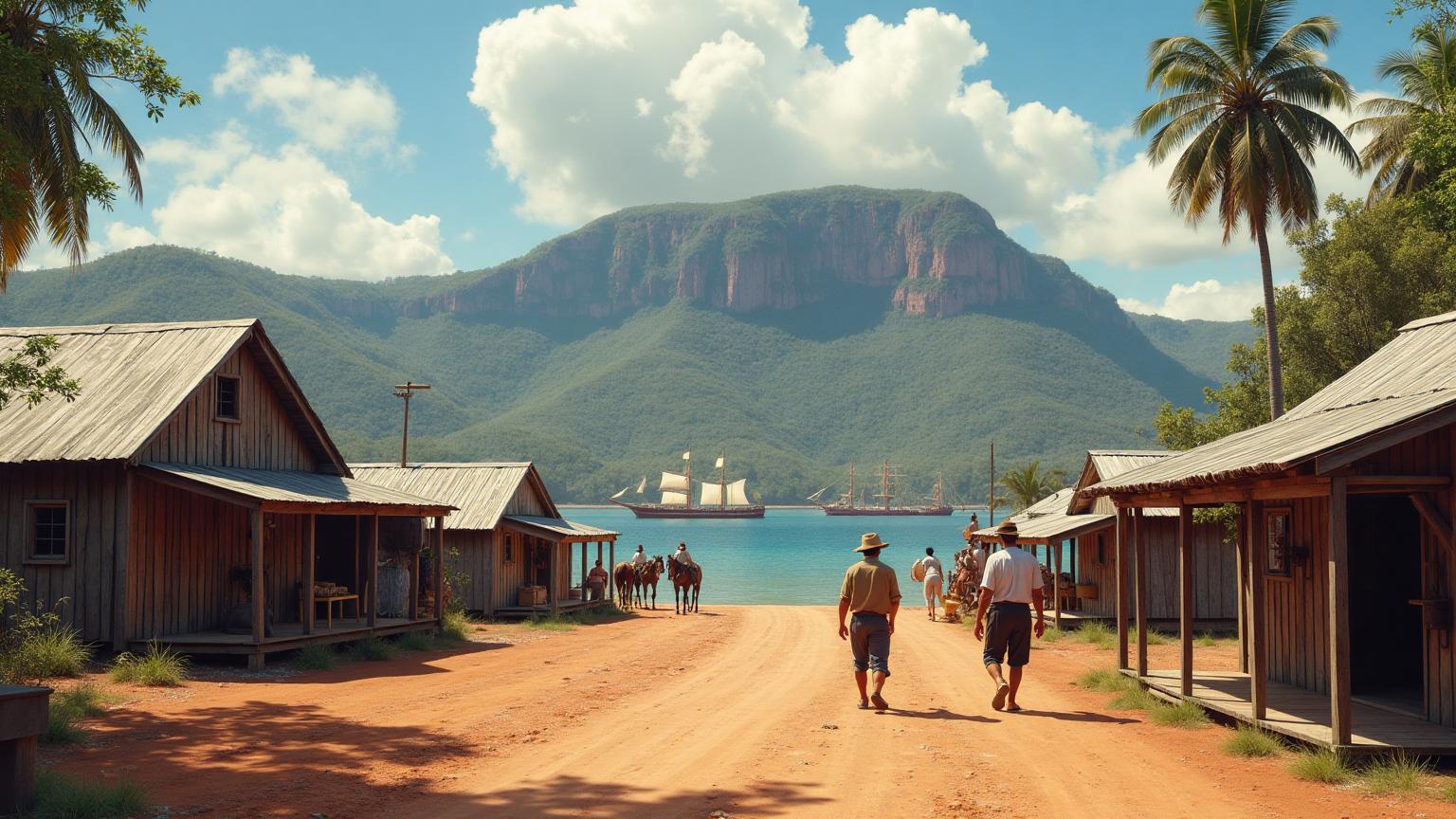 Photo-realistic 1860s Townsville settlement at Ross Creek showing timber huts with corrugated iron roofs, sailing ships at anchor, dusty road, horses and carts, with Castle Hill dominating the background