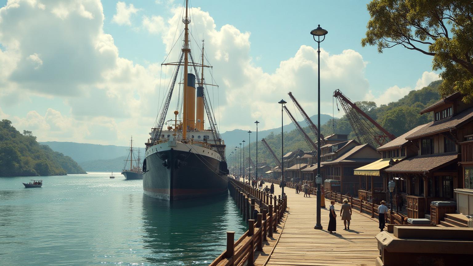Photo-realistic Port of Townsville around 1900 showing large steamship docked at wooden wharf with steam-powered cranes, cargo being loaded, workers in period clothing, and Ross Creek visible