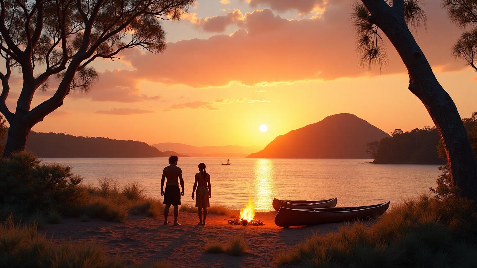 Photo-realistic sunrise scene showing Indigenous Wulgurukaba and Bindal people at a coastal campsite on Cleveland Bay with traditional canoes, campfire, and Castle Hill in the distance