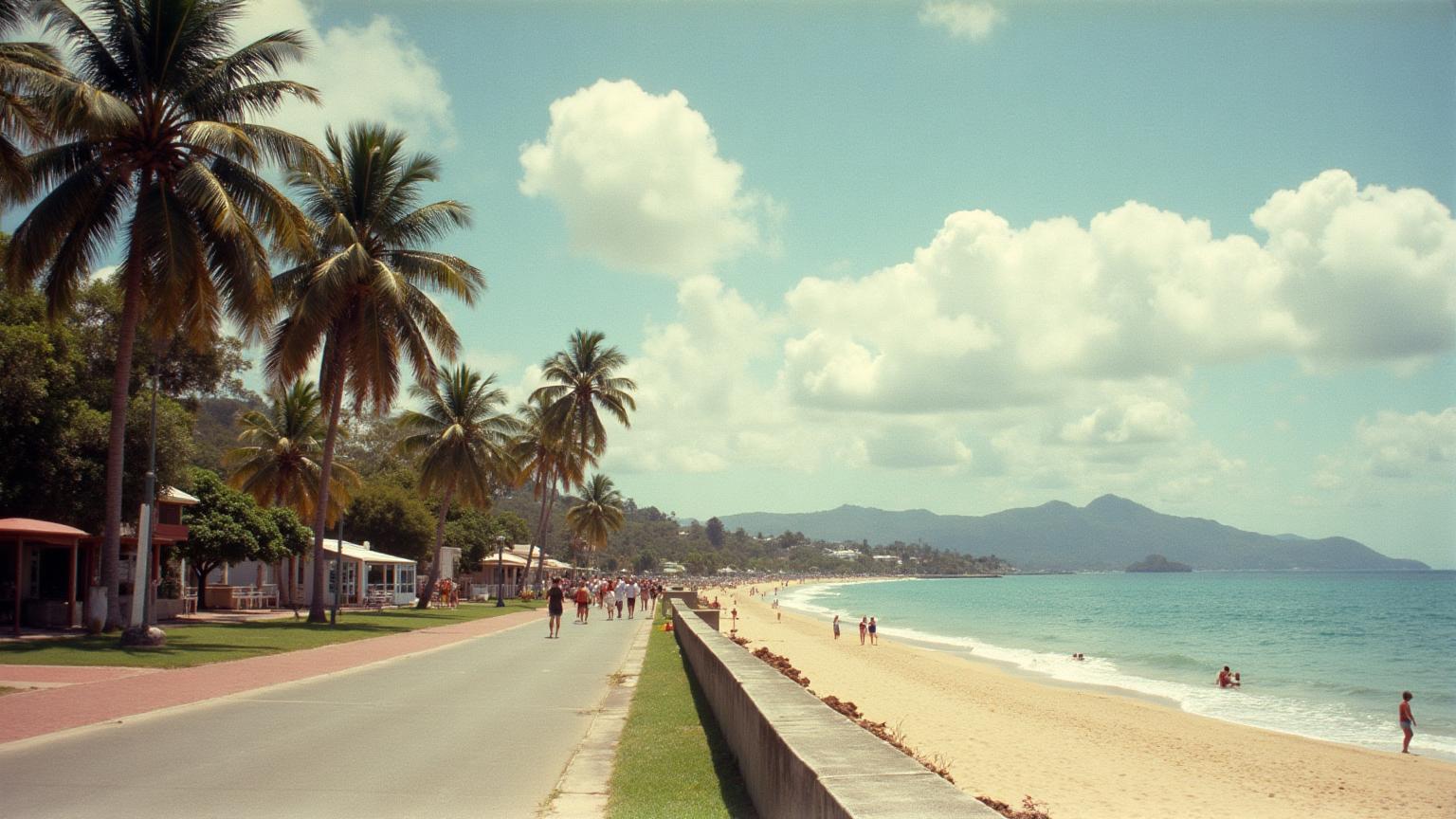 Photo-realistic archival-style image of The Strand Townsville from the 1980s-1990s redevelopment period showing foreshore walkway with palm and Norfolk pine trees, calm ocean, and Magnetic Island in the distance