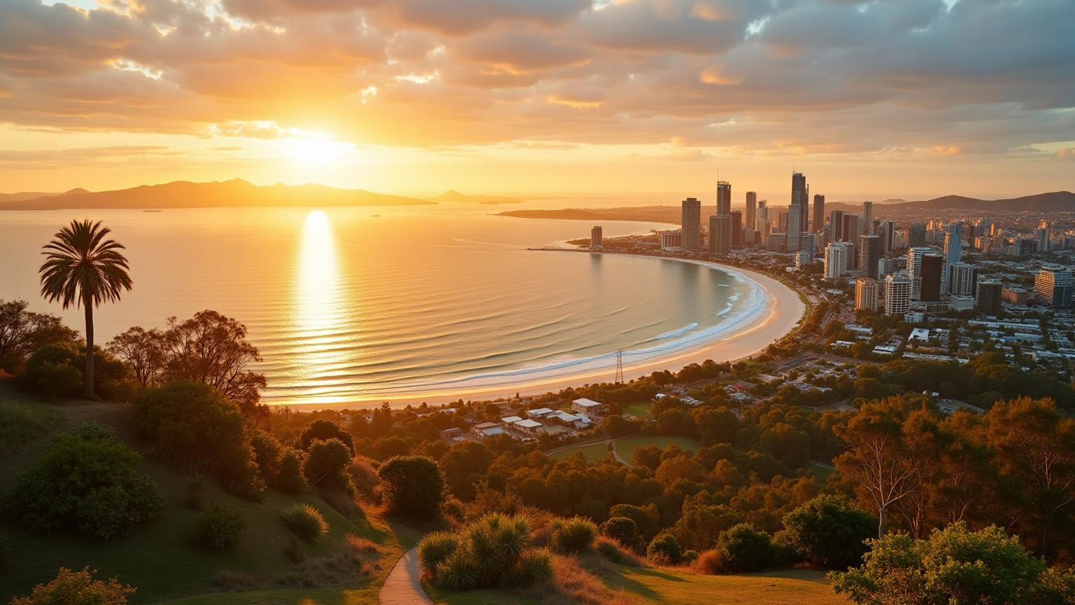Photo-realistic modern Townsville at golden hour from Castle Hill lookout showing The Strand beachfront with palm trees, city skyline, and Magnetic Island across Cleveland Bay