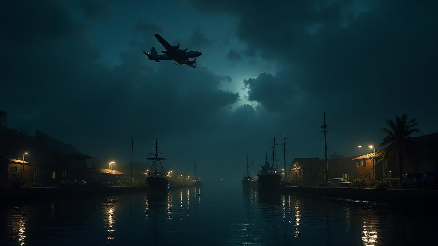 Photo-realistic WWII night scene at Townsville harbour with searchlights scanning the sky, silhouette of Catalina flying boat overhead, dimly lit docks and warehouses, with reflections on calm water